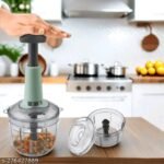 Indigo 650ml Manual Push Chopper – Hand Press Vegetable Cutter with 3 Stainless Steel Blades, Multipurpose Food Chopper for Fruits, Vegetables, Nuts & Herbs (BPA-Free, Green)